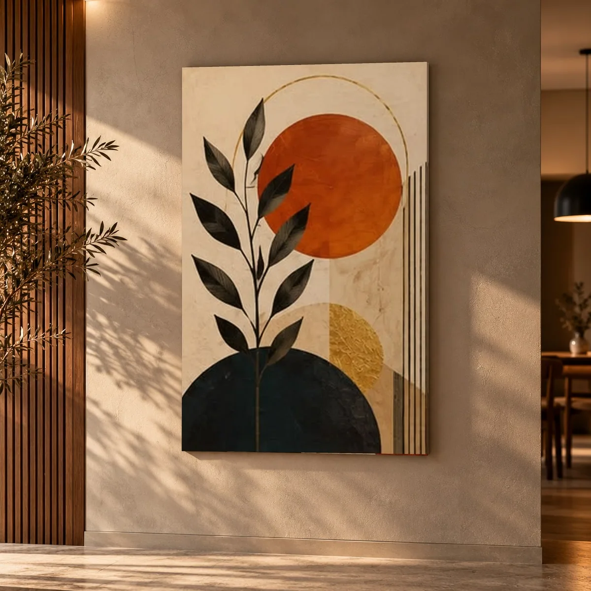 Quadro Folha e Sol Laranja na parede