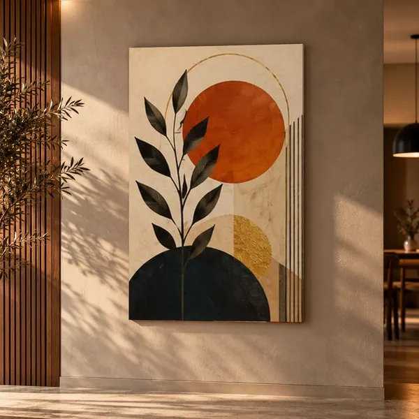 Quadro Folha e Sol Laranja na parede