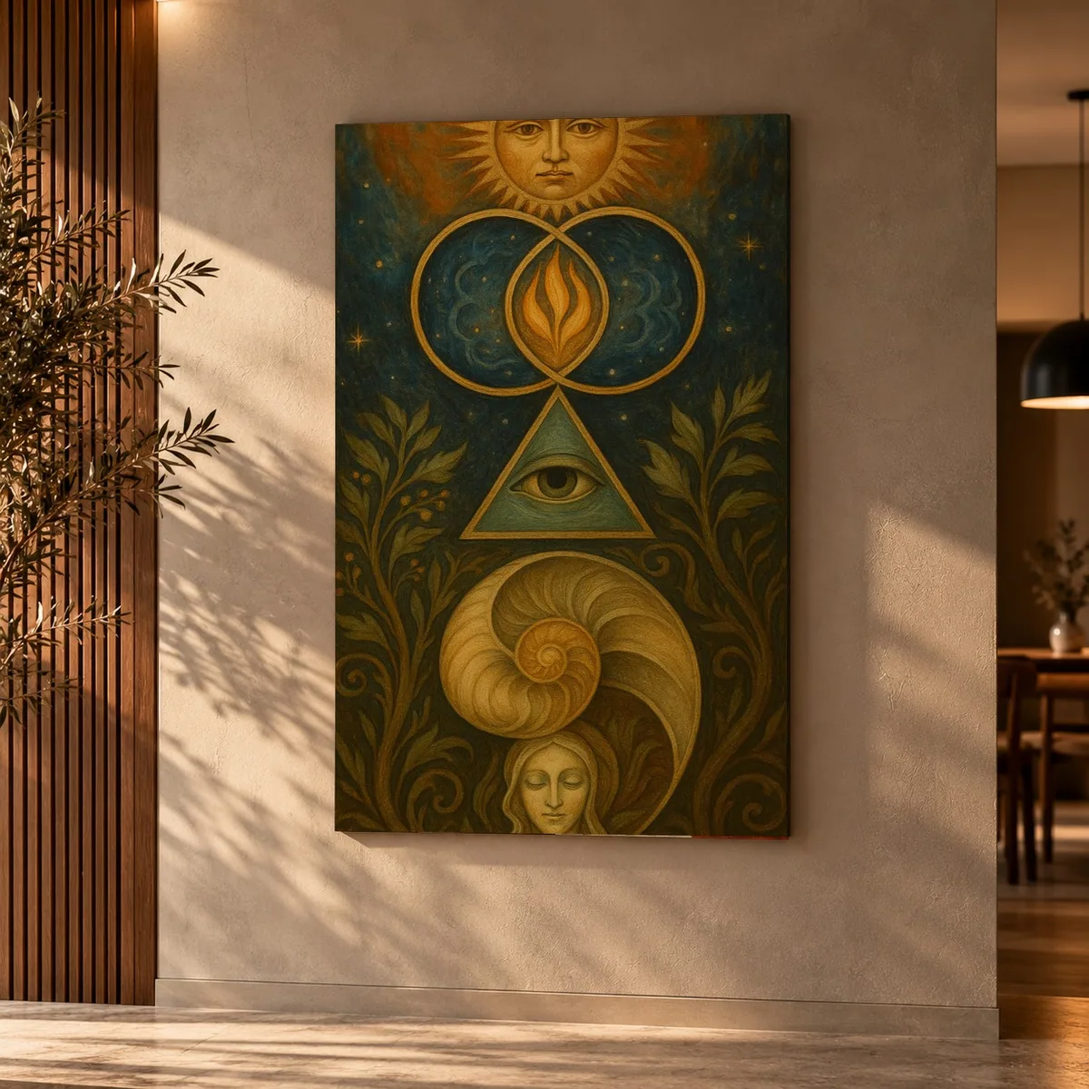 Quadro Olho e Espiral Dourada na parede