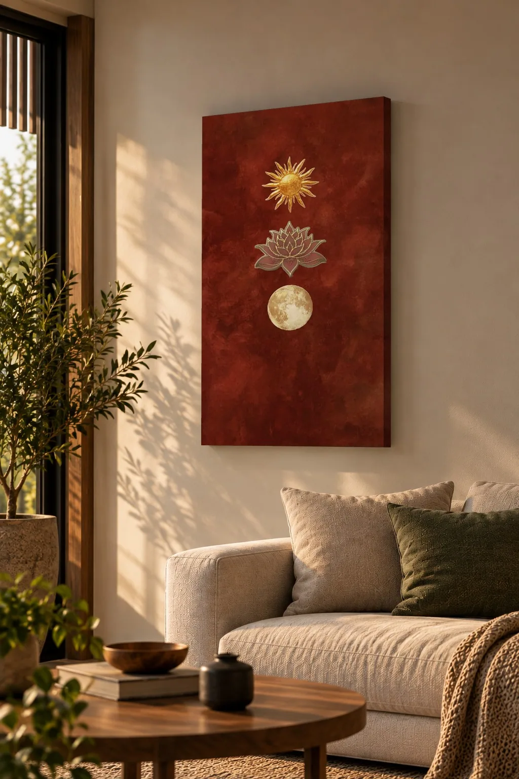 Quadro Sol, Lótus e Lua na parede