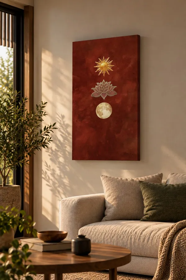 Quadro Sol, Lótus e Lua na parede